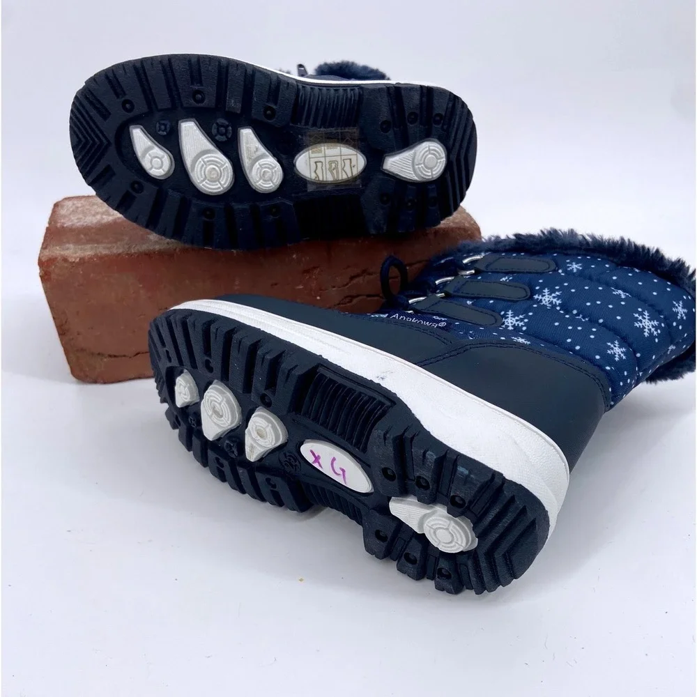 Apakowa Kids Navy Blue Snowflake Winter Snow Boots Faux Fur Lined Waterproof Lug